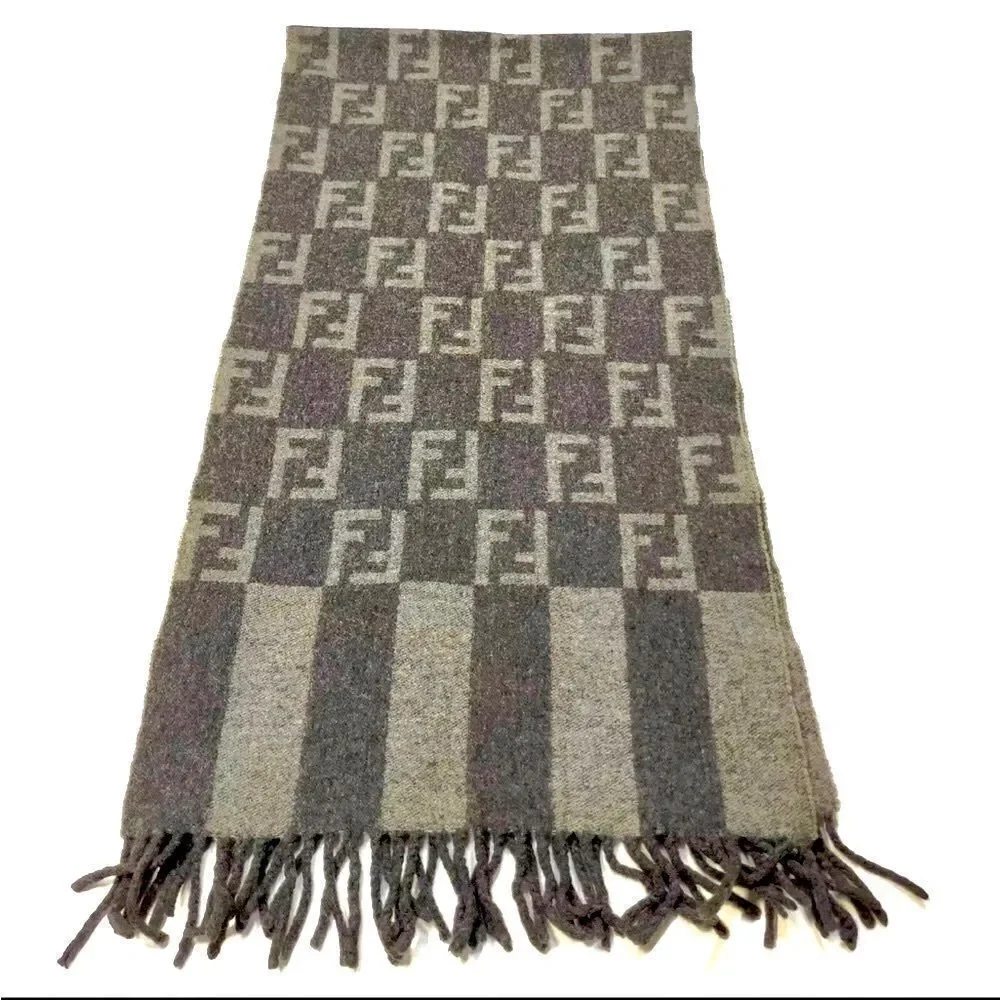 Auth Fendi Shades of Gray Print Wool Scarf Muffler Stole